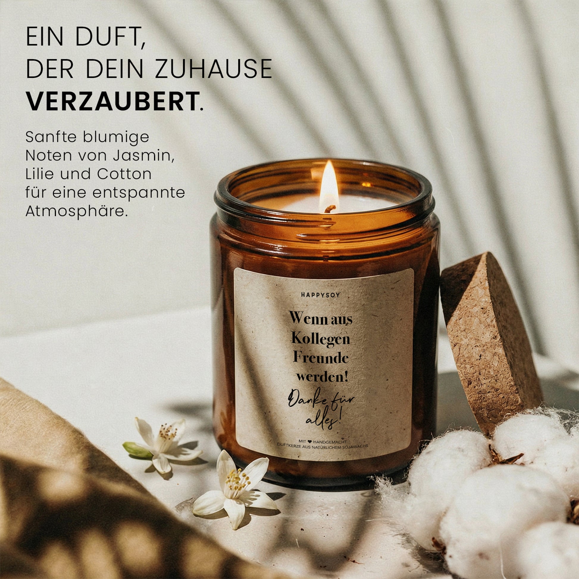 Wenn aus Kollegen Freunde werden - Duftkerze mit Spruch als Geschenk für Kollegin, Abschied & Dankeschön, liebevolle Aufmerksamkeit, Kerze im Glas, blumiger Duft - Bild 2