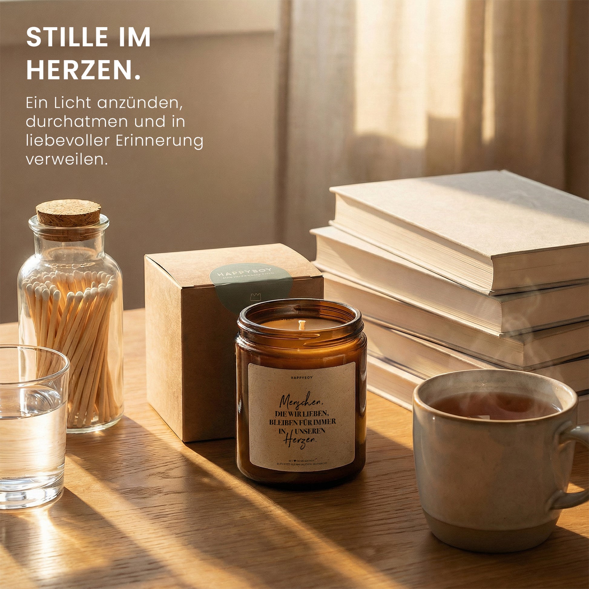 Menschen die wir lieben bleiben für immer in unseren Herzen - Duftkerze mit Spruch als Trostgeschenk, liebevolle Erinnerung, Kerze im Glas mit blumigem Duft - Bild 5