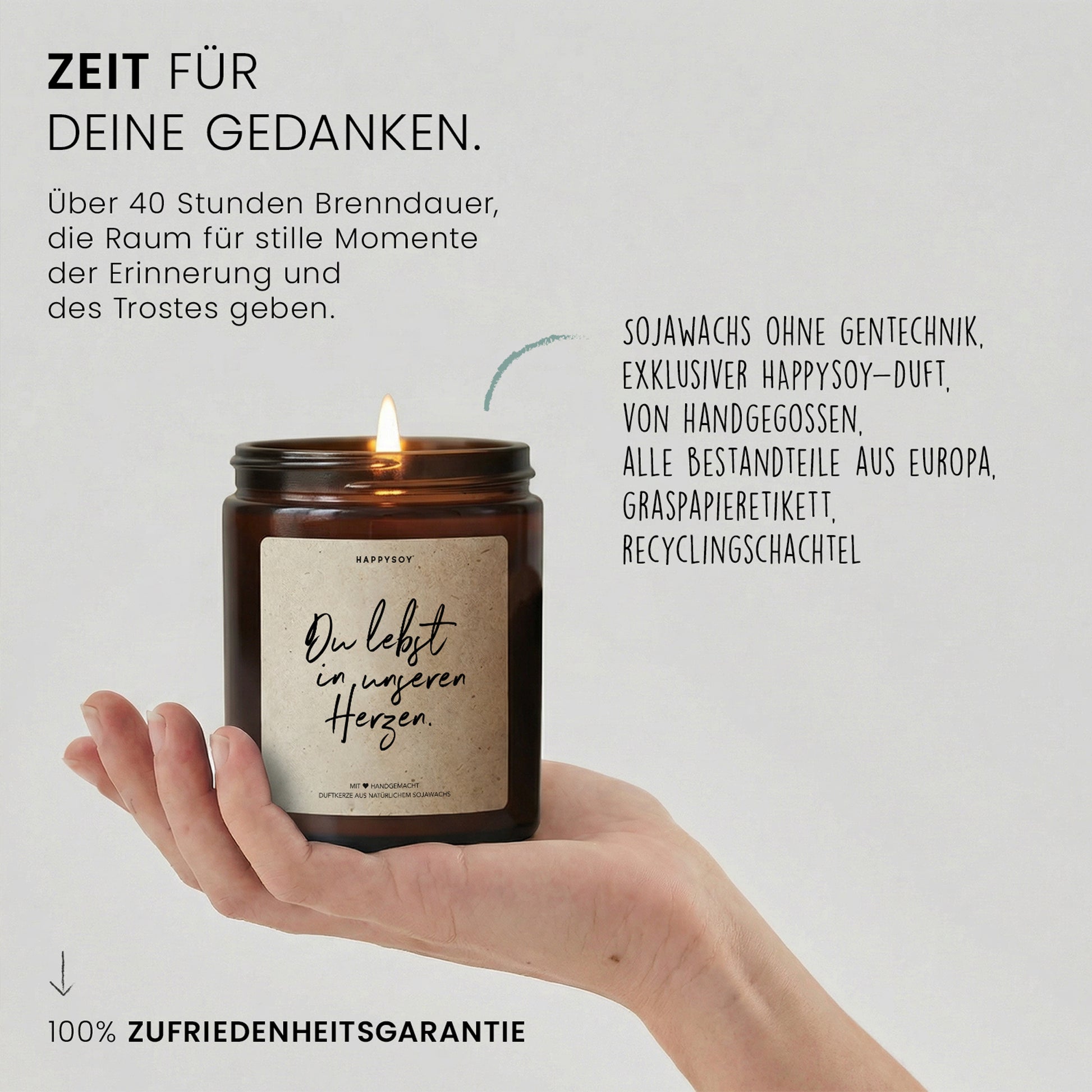 Du lebst in unseren Herzen - Duftkerze mit Spruch als Trostgeschenk, liebevolle Erinnerung, Trauerkerze im Glas, blumiger Duft, besondere Aufmerksamkeit - Bild 6
