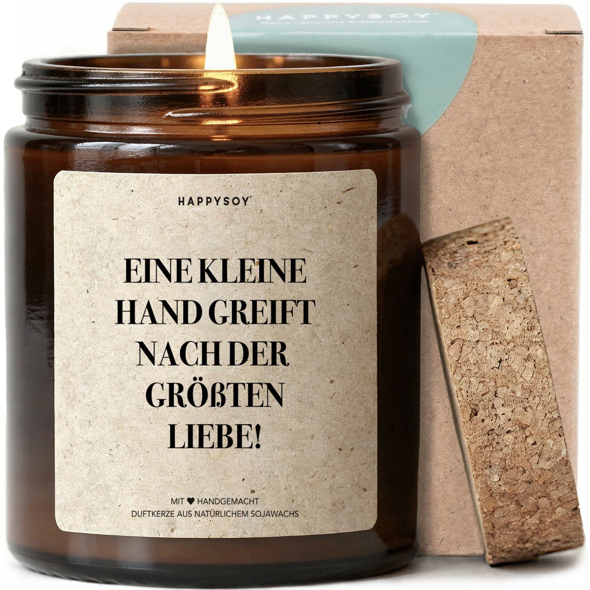 Eine kleine Hand greift nach der größten Liebe - Duftkerze mit Spruch als Geschenk für Mama, werdende Eltern, liebevolle Geschenkidee zur Geburt, Kerze im Glas mit blumigem Duft - Bild 1