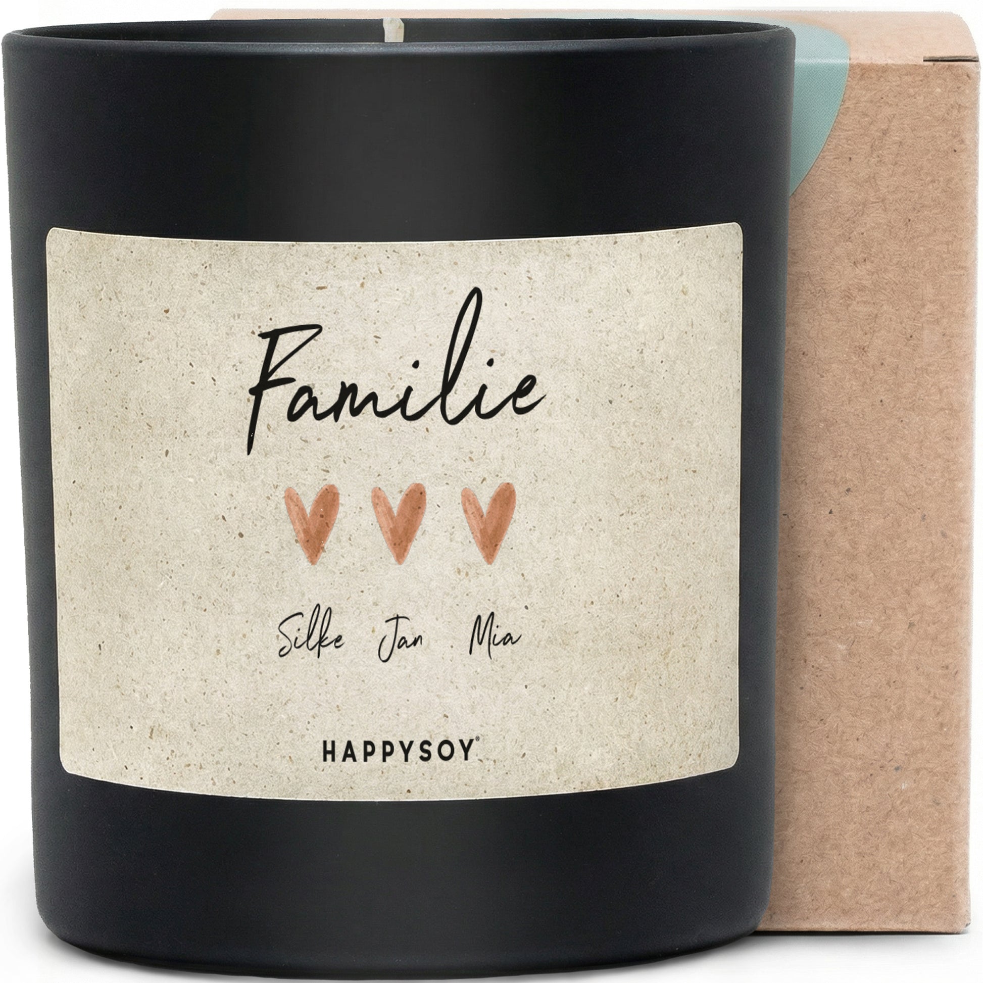 Familie – Personalisierte Duftkerze mit Wunschnamen, persönliches Geschenk für die Familie, liebevolle Aufmerksamkeit, Kerze im Glas mit blumigem Duft - Bild 1