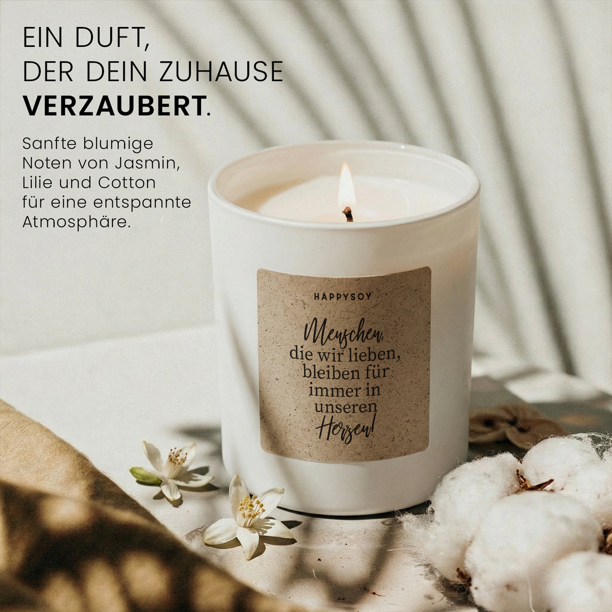 Menschen die wir lieben bleiben für immer in unseren Herzen - Duftkerze mit Spruch als Trostgeschenk, liebevolle Erinnerung, Kerze im Glas mit blumigem Duft - Bild 2