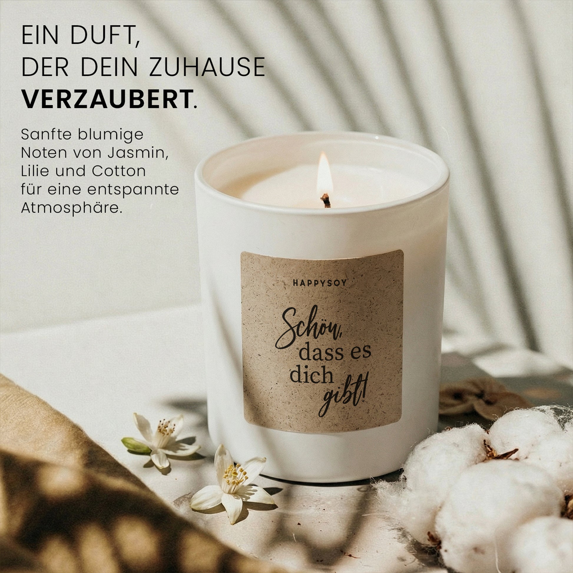 Schön, dass es dich gibt - Duftkerze mit Spruch als Geschenk für Freundin, Mama oder Schwester, liebevolle Aufmerksamkeit mit blumigem Duft, Kerze im Glas - Bild 2
