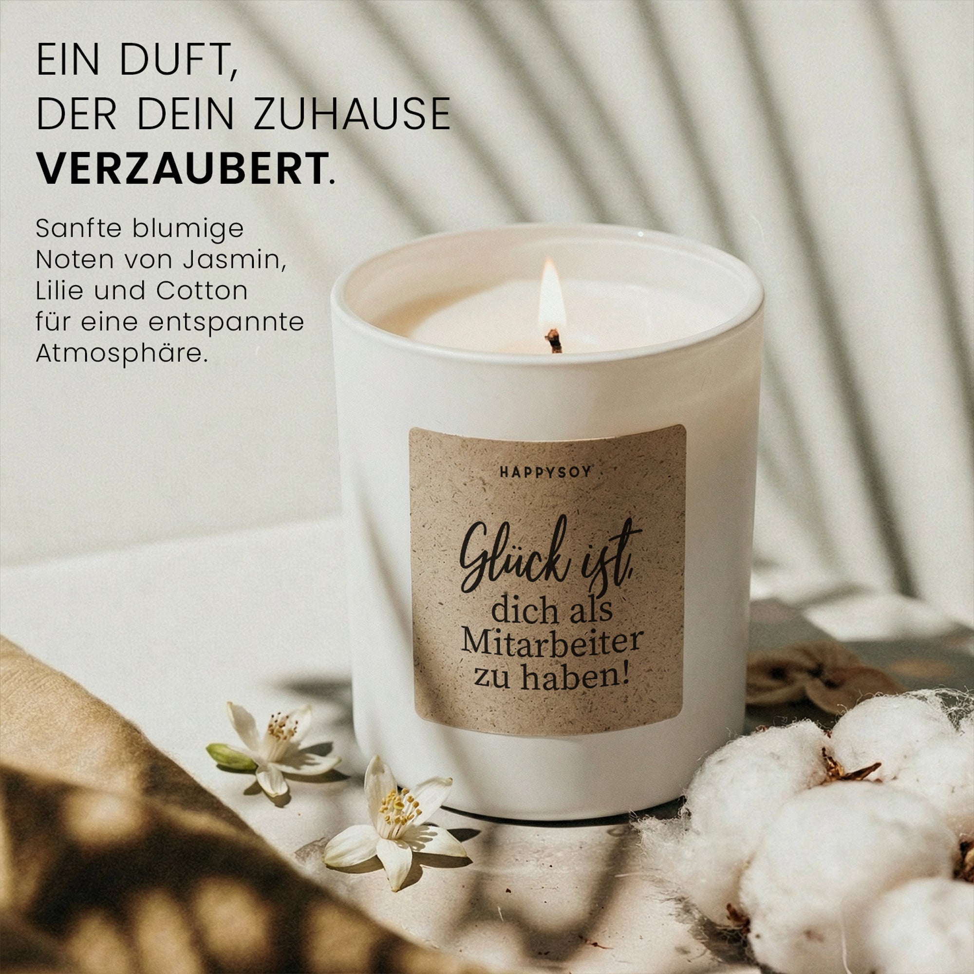 Glück ist dich als Mitarbeiter zu haben - Duftkerze mit Spruch als Geschenk für Kollegen, Dankeschön, Mitarbeiter, Kerze im Glas mit blumigem Duft - Bild 2