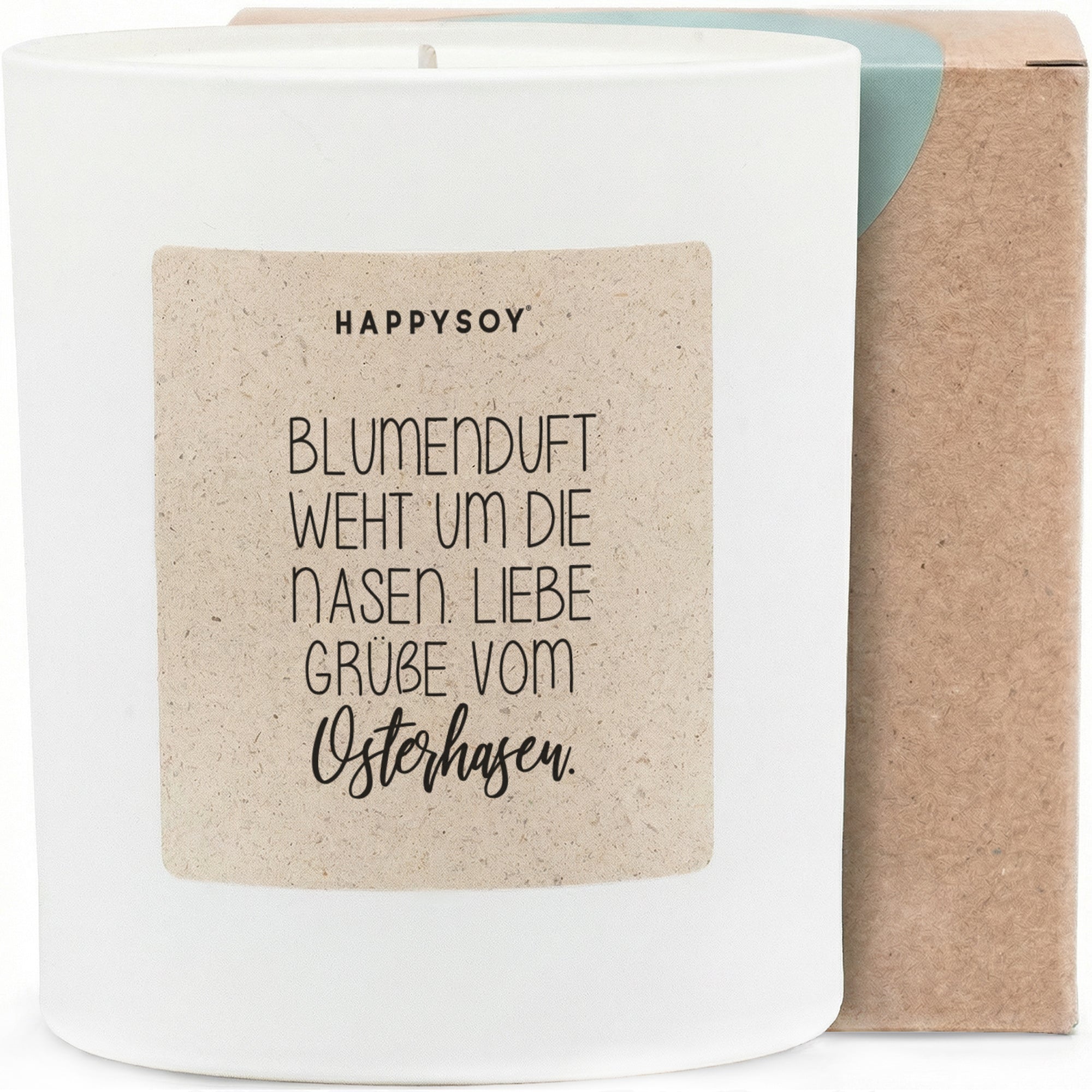 Blumenduft weht um die Nasen, liebe Grüße vom Osterhasen - Duftkerze mit Spruch als Geschenk zu Ostern, liebevolle Aufmerksamkeit, Kerze im Glas, blumiger Duft - Bild 1