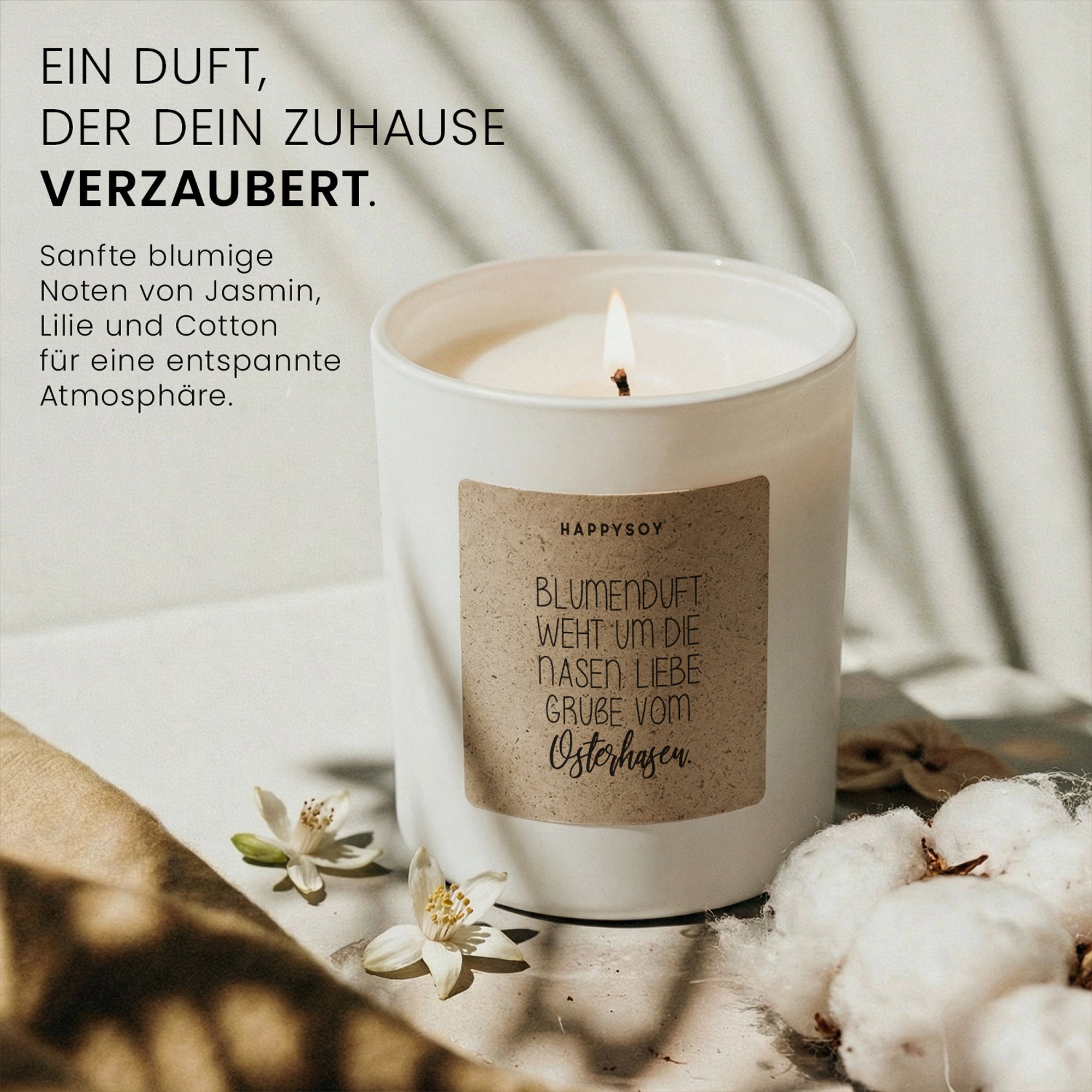 Blumenduft weht um die Nasen, liebe Grüße vom Osterhasen - Duftkerze mit Spruch als Geschenk zu Ostern, liebevolle Aufmerksamkeit, Kerze im Glas, blumiger Duft - Bild 2