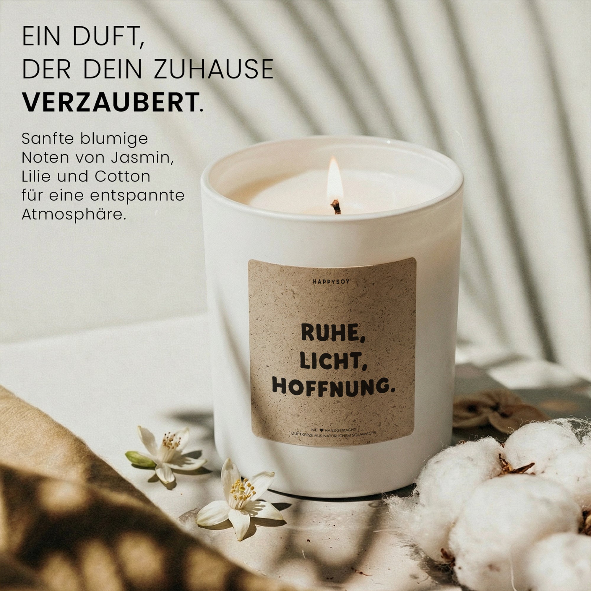 Ruhe, Licht, Hoffnung - Duftkerze mit Spruch als Geschenk zur Aufmunterung, Trostgeschenk für Frauen, liebevolle Kerze im Glas mit blumigem Duft - Bild 2