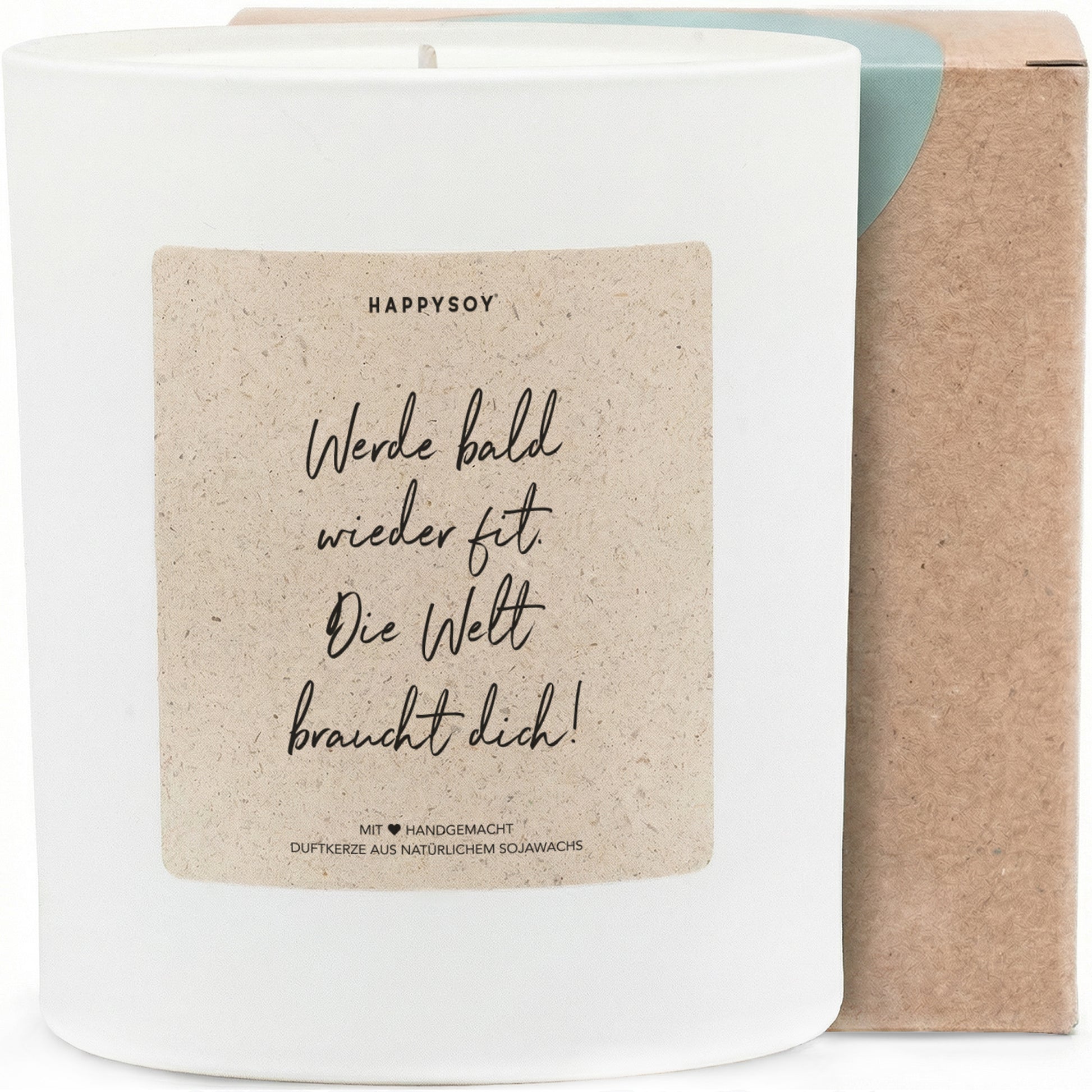 Werde bald wieder fit, die Welt braucht dich - Duftkerze mit Spruch als Geschenk zur Aufmunterung, Gute Besserung, Kerze im Glas blumiger Duft - Bild 1