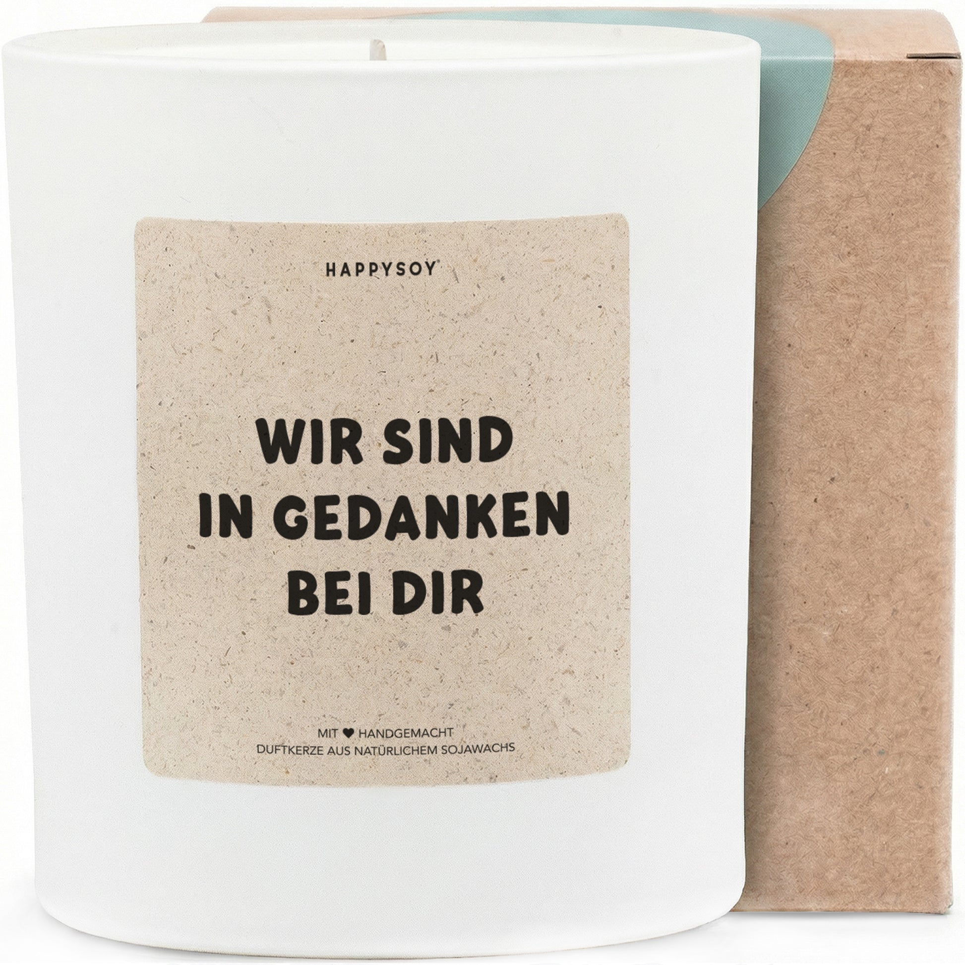 Wir sind in Gedanken bei dir - Duftkerze mit Spruch als Trostgeschenk, liebevolle Aufmunterung für schwere Zeiten, Kerze im Glas mit blumigem Duft - Bild 1