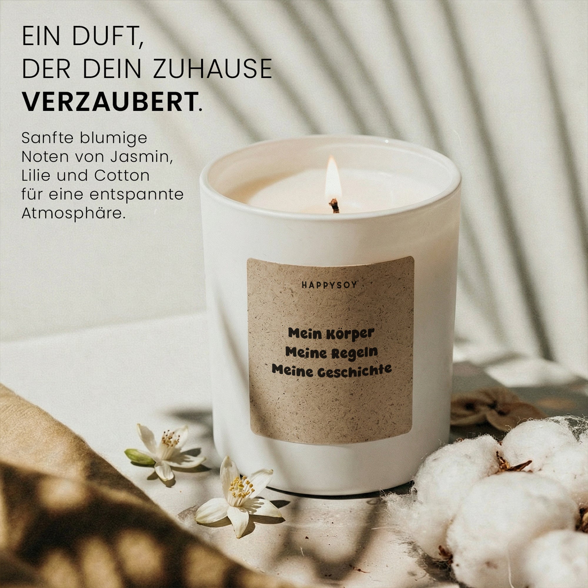 Mein Körper Meine Regeln Meine Geschichte - Duftkerze mit Spruch als Geschenk zur Aufmunterung, liebevolle Geschenkidee für Frauen, beste Freundin, Kerze im Glas mit blumigem Duft - Bild 2