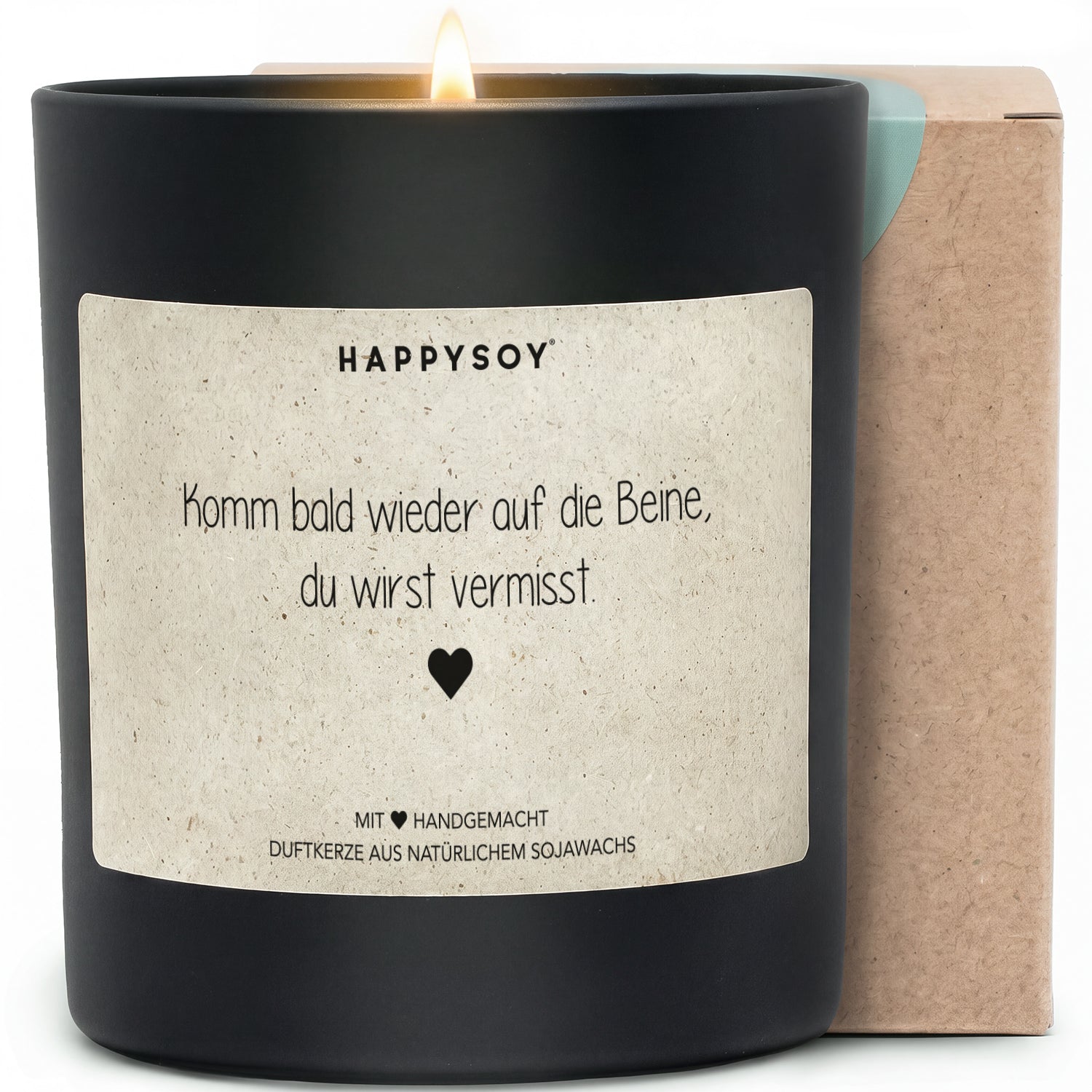 Komm bald wieder auf die Beine, du wirst vermisst - Duftkerze mit Spruch als Geschenk zur Aufmunterung, Gute Besserung, liebevolle Kerze im Glas mit blumigem Duft - Bild 1