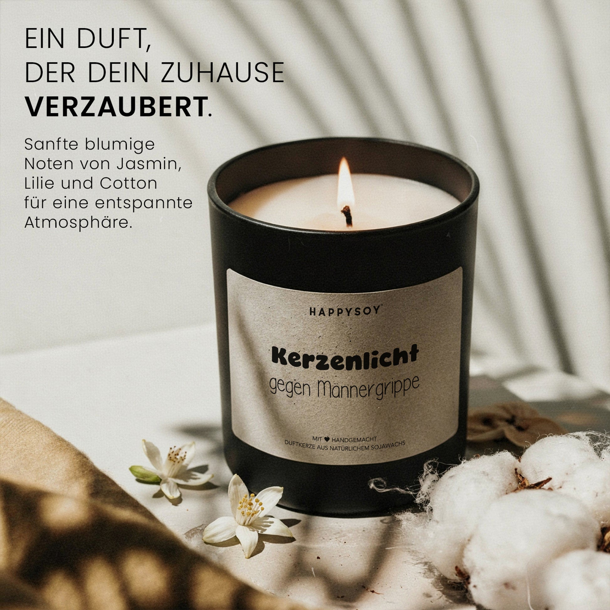 Kerzenlicht gegen Männergrippe - Duftkerze mit Spruch als lustige Geschenkidee für Männer, Freund, Partner, Kerze im Glas mit blumigem Duft - Bild 2