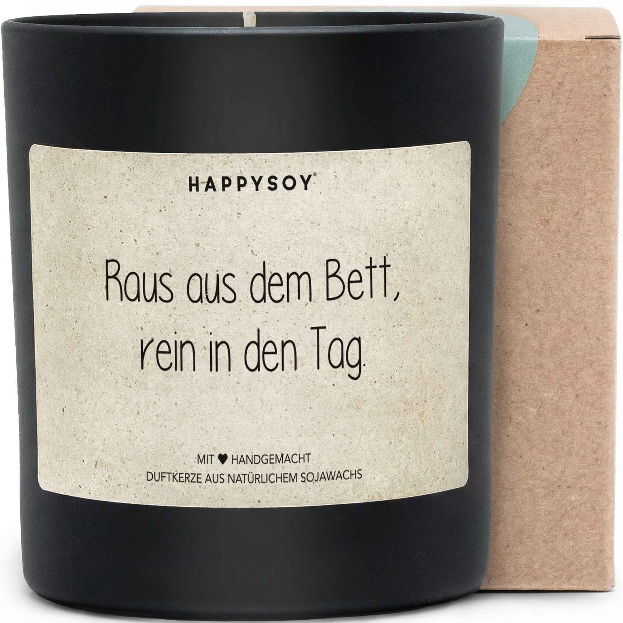 Raus aus dem Bett, rein in den Tag - Duftkerze mit Spruch als Geschenk zur Aufmunterung, liebevolle Geschenkidee für Freundin, Kollegin, Kerze im Glas mit blumigem Duft - Bild 1