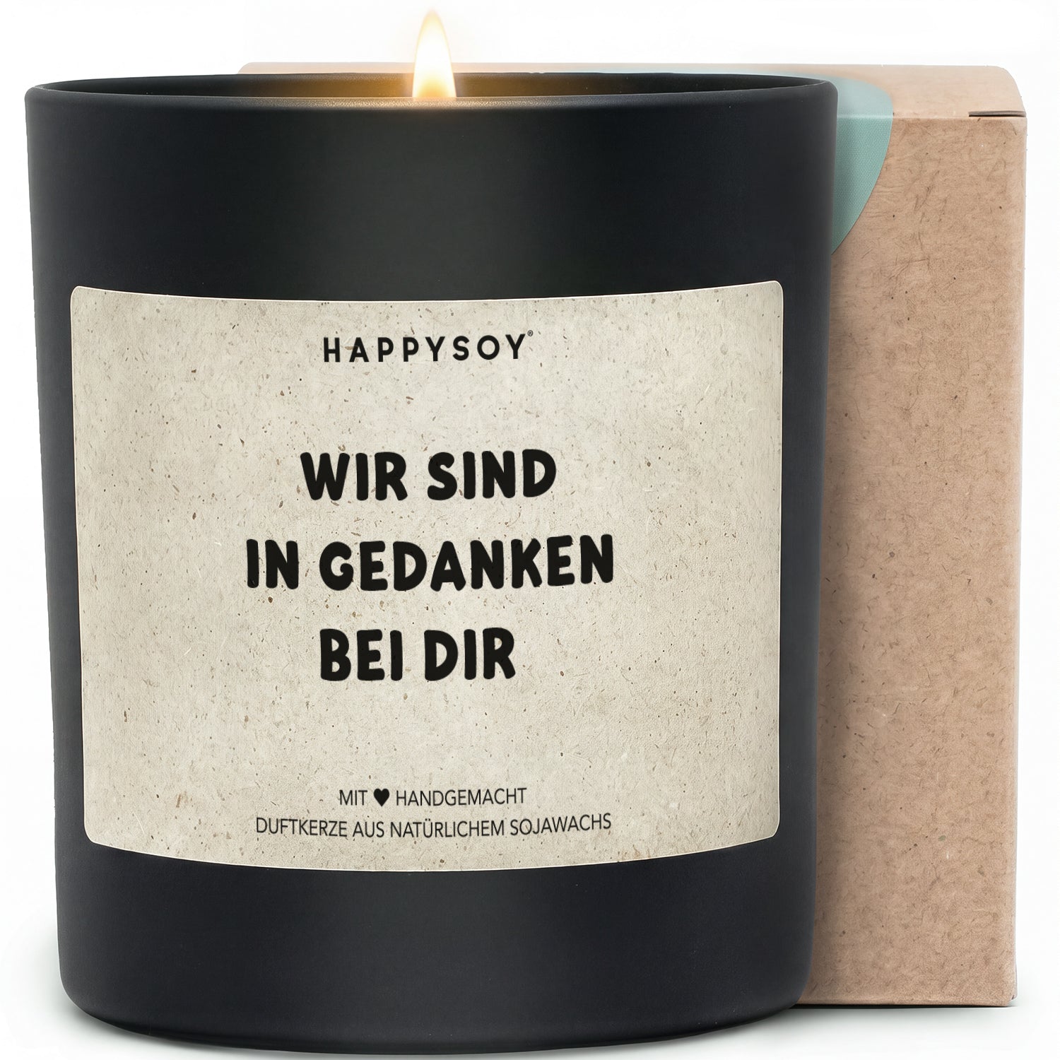 Wir sind in Gedanken bei dir - Duftkerze mit Spruch als Trostgeschenk, liebevolle Aufmunterung für schwere Zeiten, Kerze im Glas mit blumigem Duft - Bild 1
