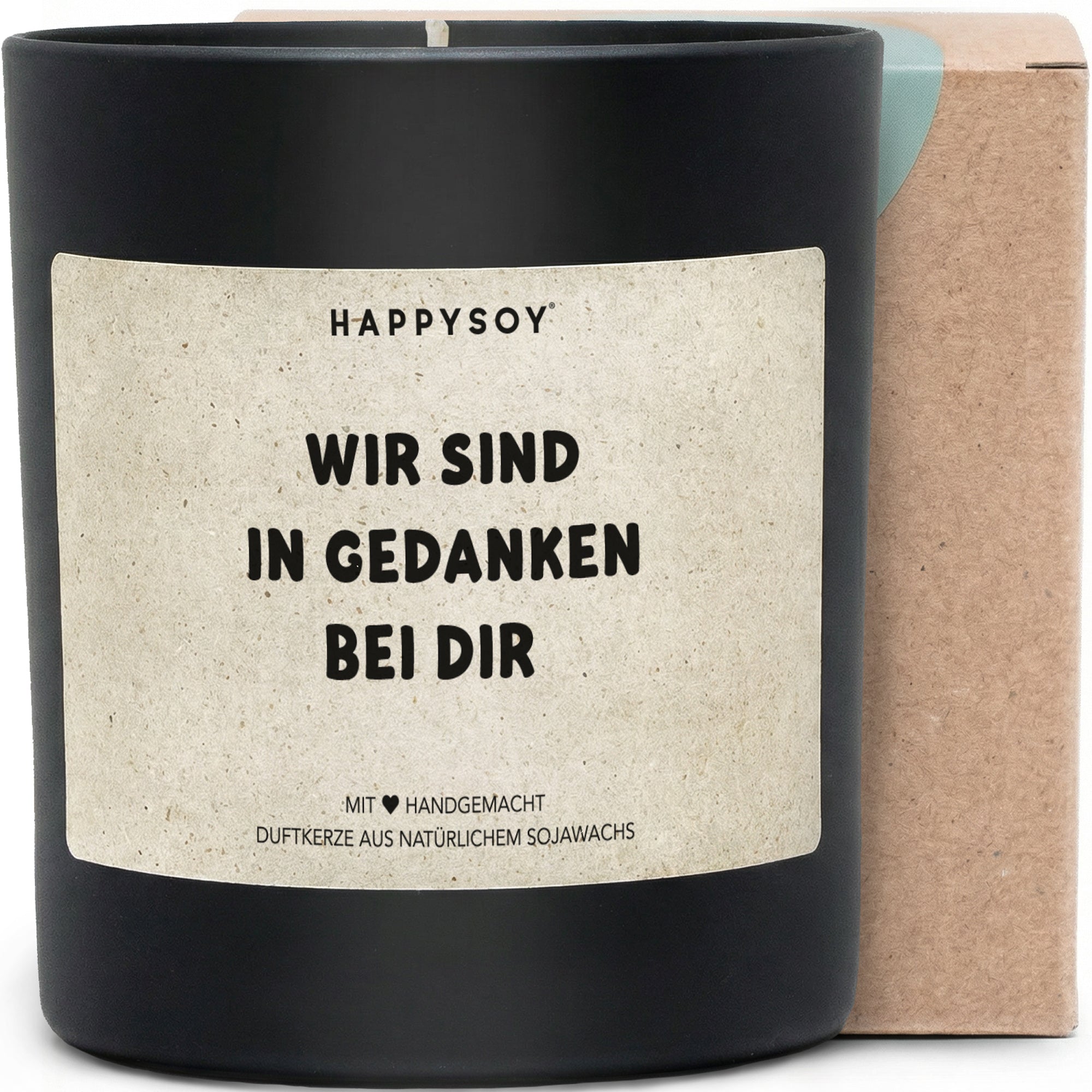 Wir sind in Gedanken bei dir - Duftkerze mit Spruch als Trostgeschenk, liebevolle Aufmunterung für schwere Zeiten, Kerze im Glas mit blumigem Duft - Bild 1