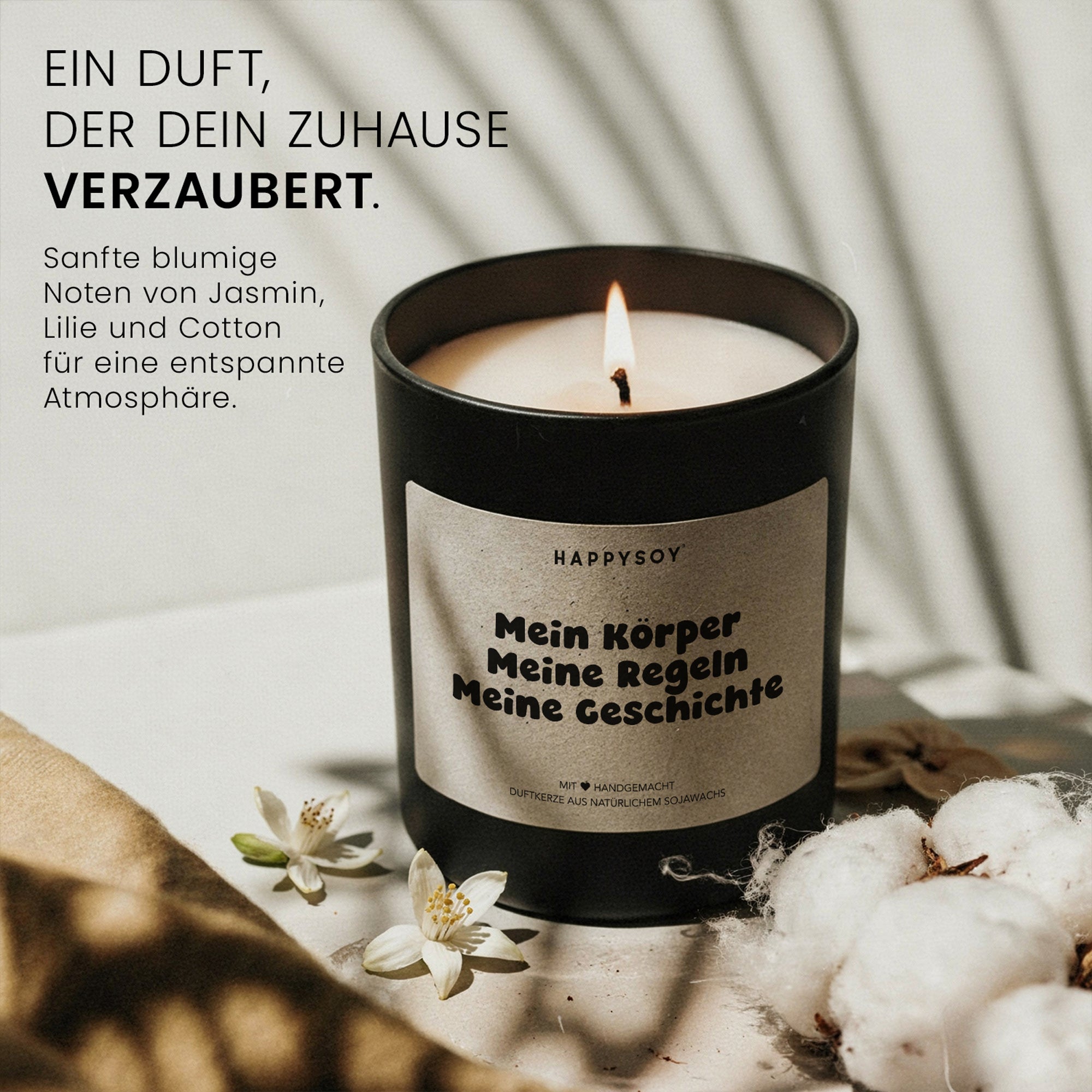 Mein Körper Meine Regeln Meine Geschichte - Duftkerze mit Spruch als Geschenk zur Aufmunterung, liebevolle Geschenkidee für Frauen, beste Freundin, Kerze im Glas mit blumigem Duft - Bild 2