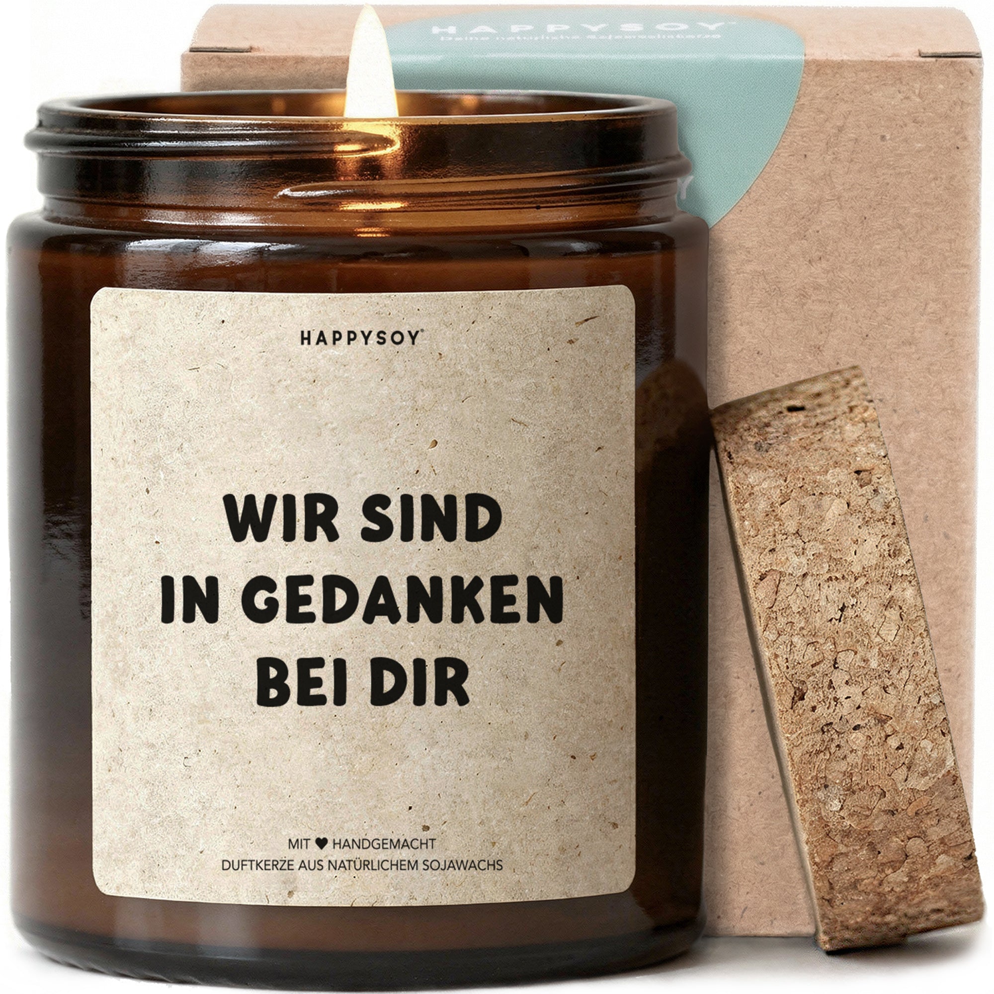Wir sind in Gedanken bei dir - Duftkerze mit Spruch als Trostgeschenk, liebevolle Aufmunterung für schwere Zeiten, Kerze im Glas mit blumigem Duft - Bild 1